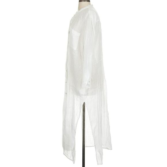 Enzo Costa 100% White Linen Collarless Bracelet Length Sleeve Shirt Dress 3 L - Picture 7 of 12
